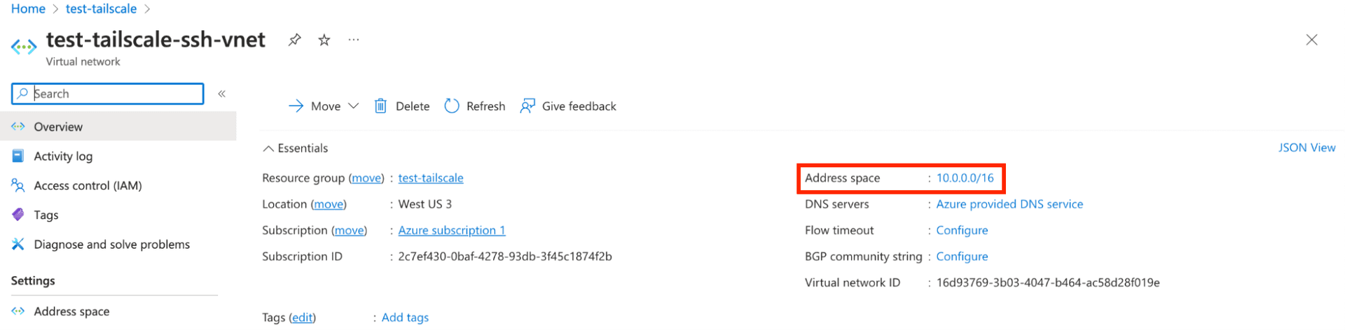 A screenshot of the Azure virtual network page showing a CIDR range.
