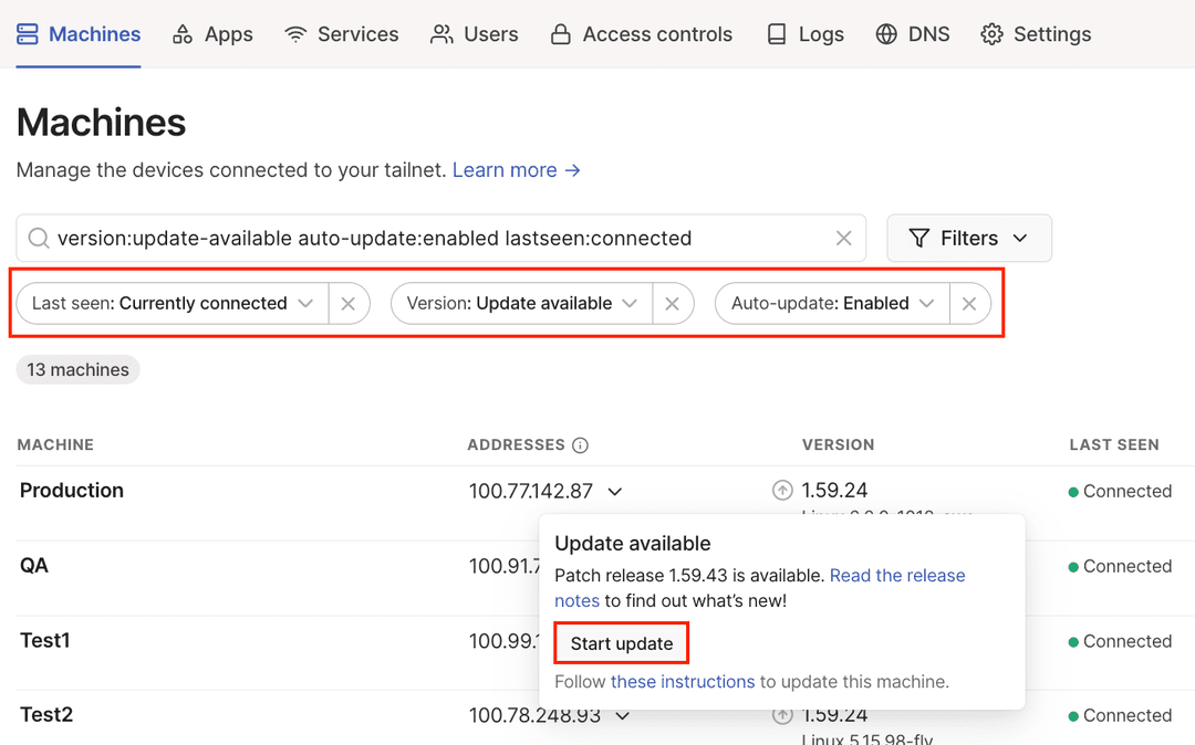 The Machine page displaying the Start update option.