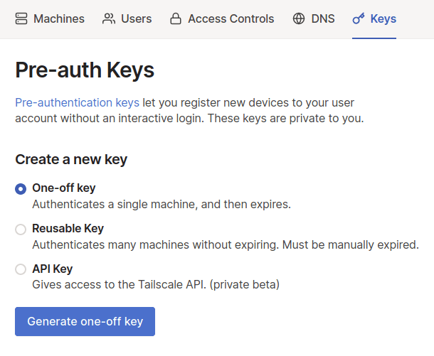 The auth key creation screen from the Tailscale admin UI