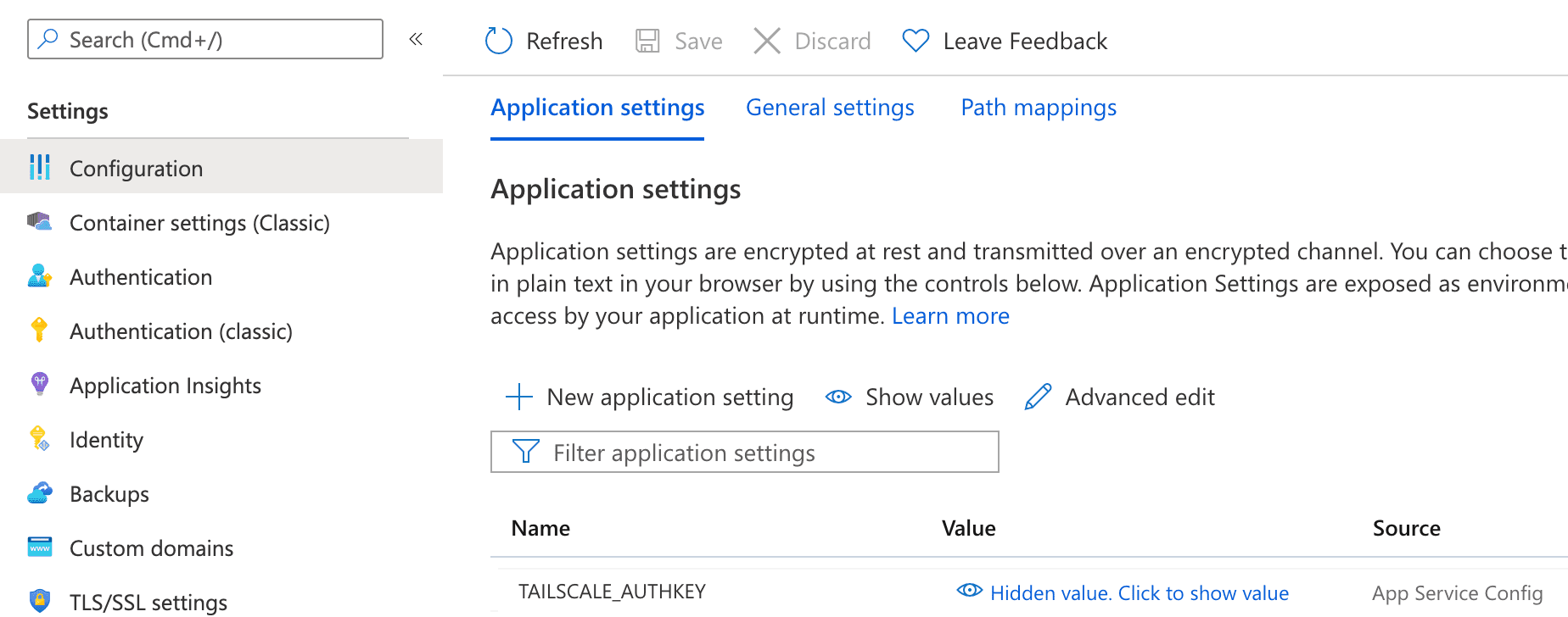 Azure App Service config var interface
