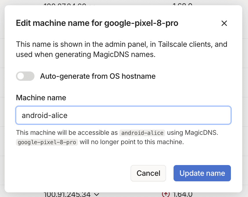 Machine name editing view