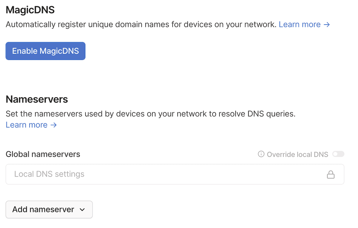 A screenshot of the admin console's DNS settings