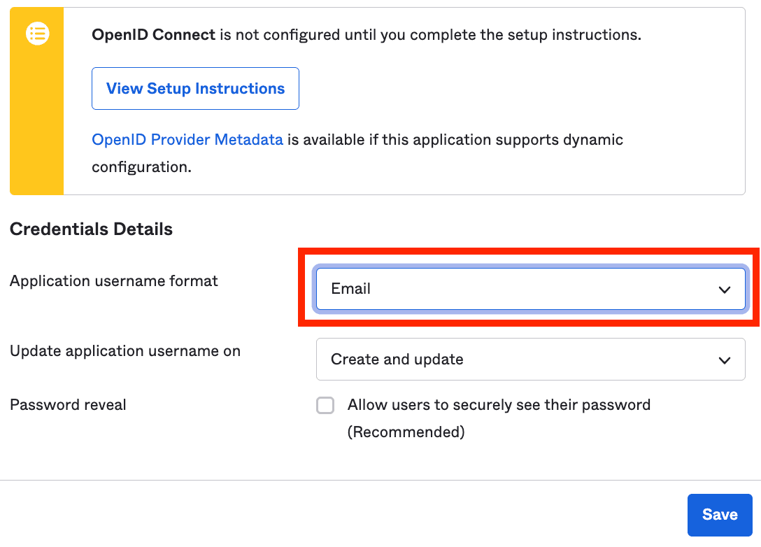 Select Email as the Application username format in Okta Admin UI