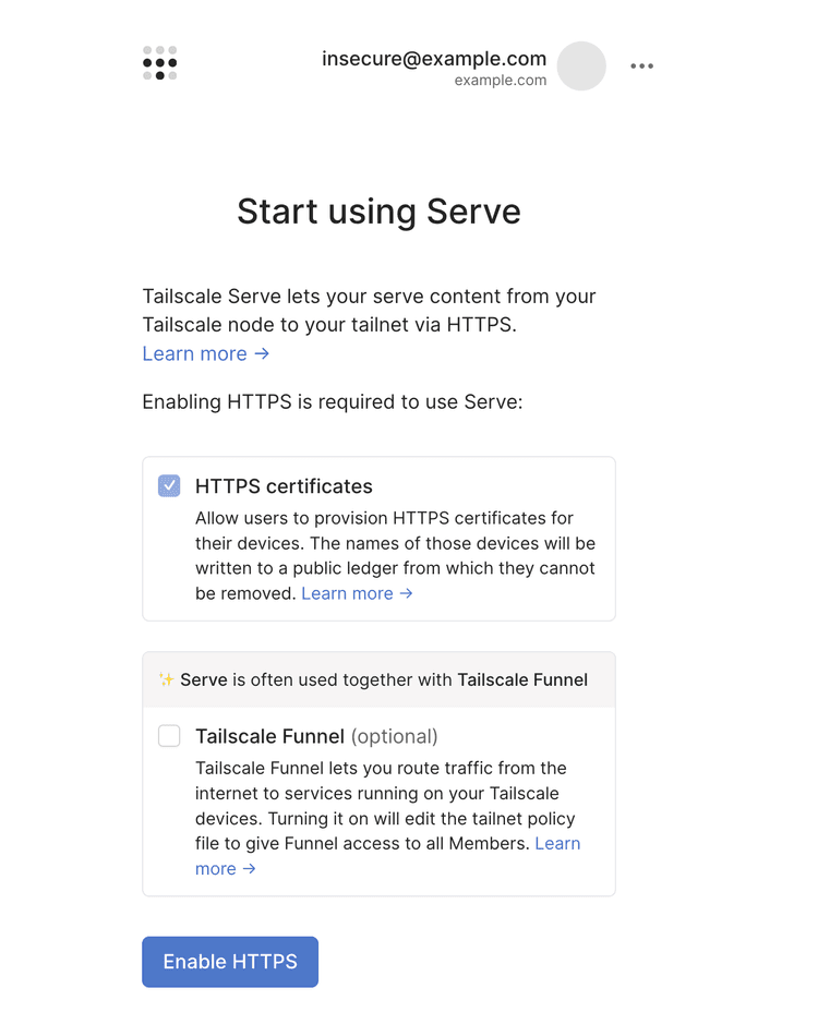 The 'Start using serve' web consent page