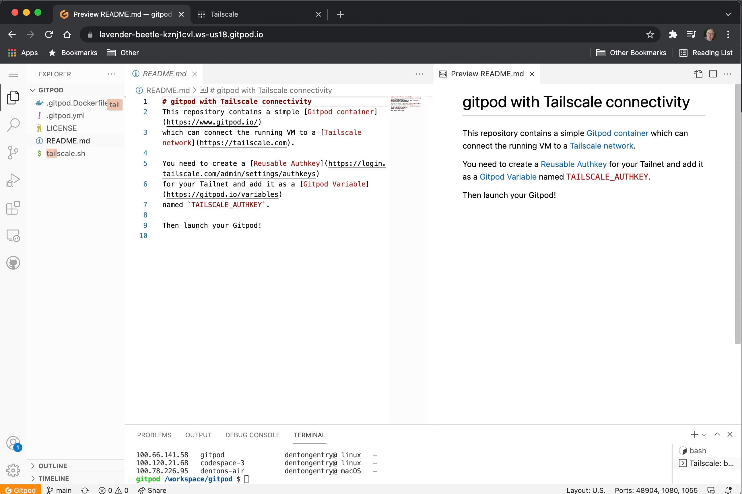 Gitpod composing some Markdown