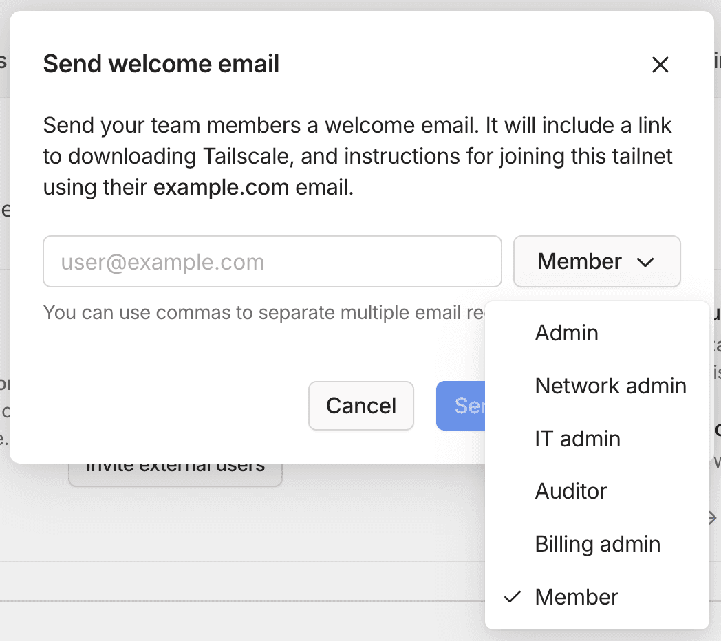 Invite team popup window with roles.