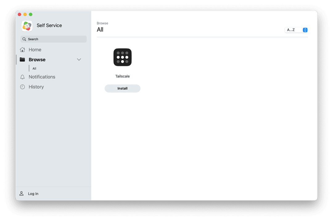 View of Tailscale in the Self Service app.
