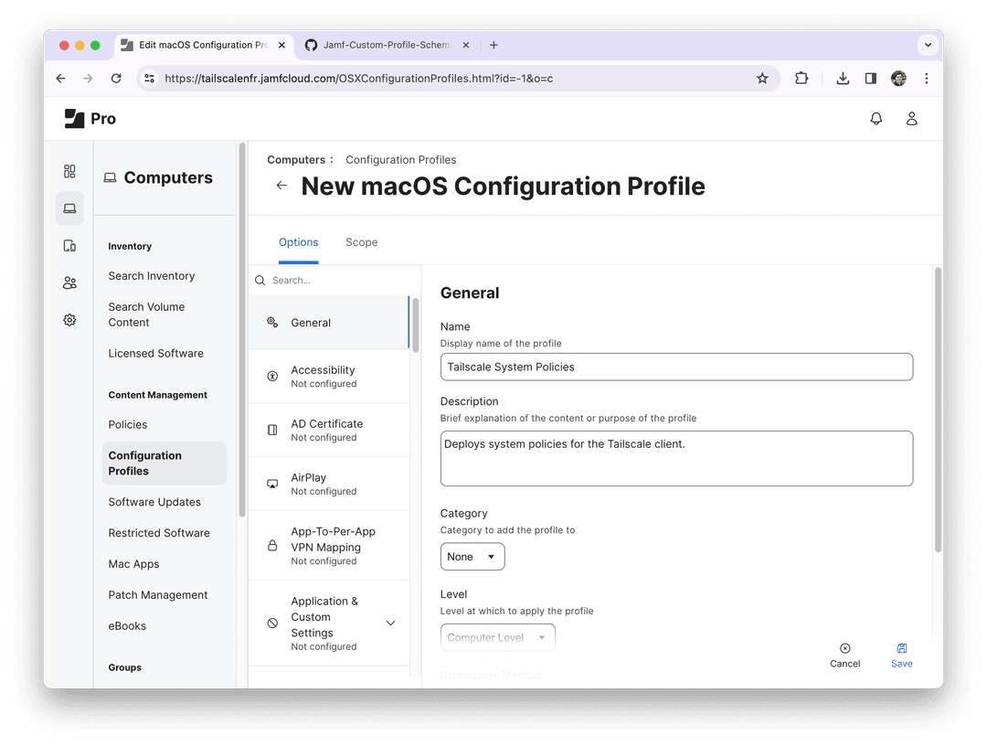 A new configuration profile with the name Tailscale System Policies.