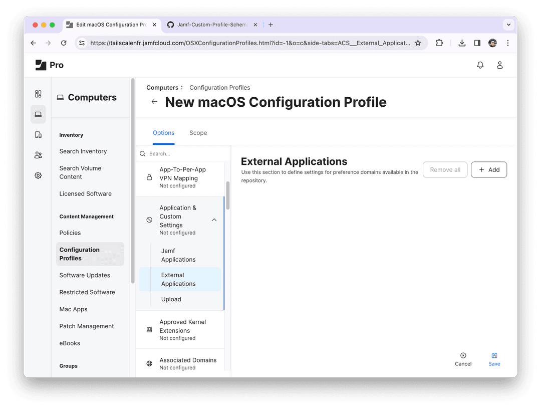 External Applications settings.