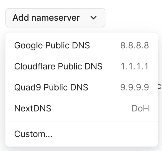 A screenshot of the global nameservers dropdown