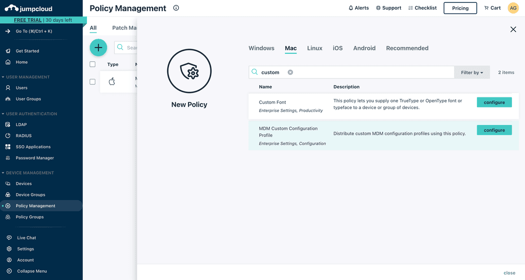 The view to choose a policy type in the JumpCloud MDM admin console.