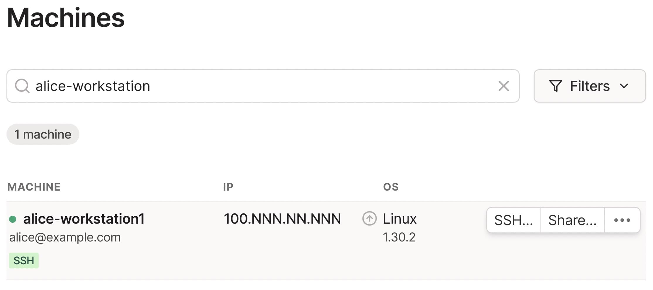 A screenshot that shows the SSH button on hover.