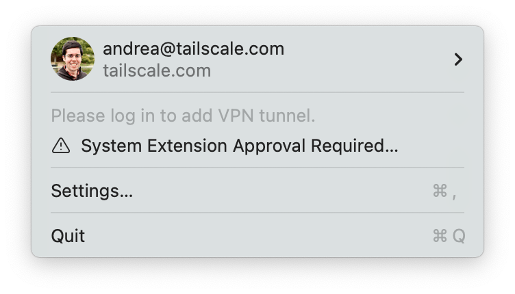 A screenshot of the system extension warning in the Tailscale menu