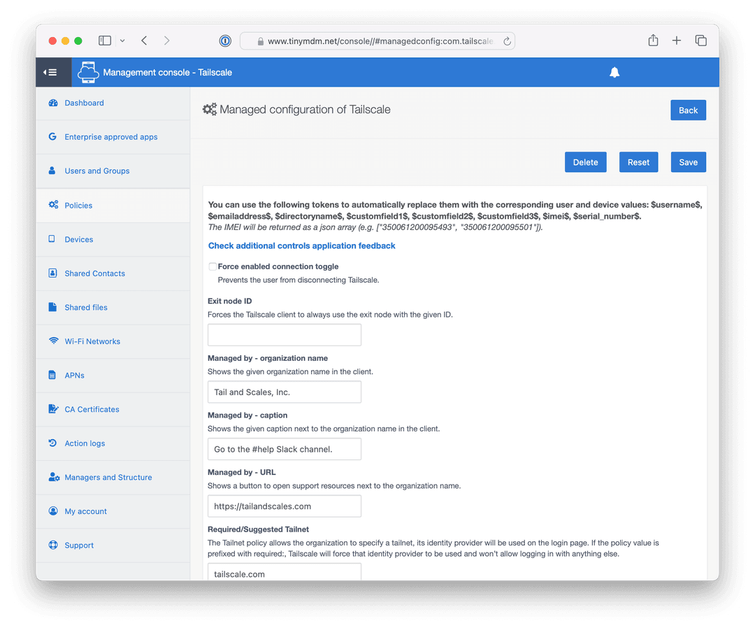 The TinyMDM configuration page for Tailscale