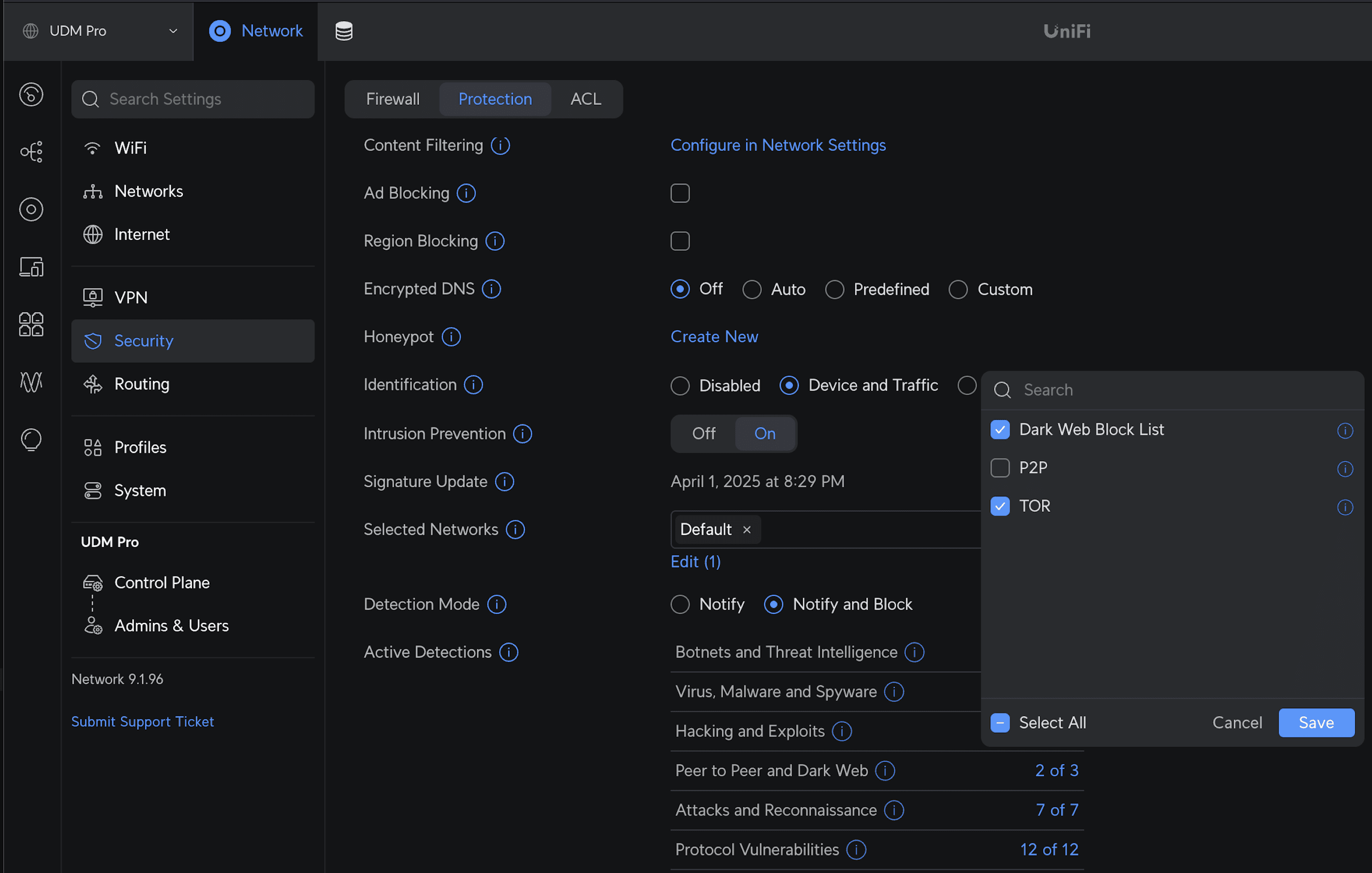 UniFi Network interface showing the Peer to Peer and Dark Web settings page with the P2P box unchecked.