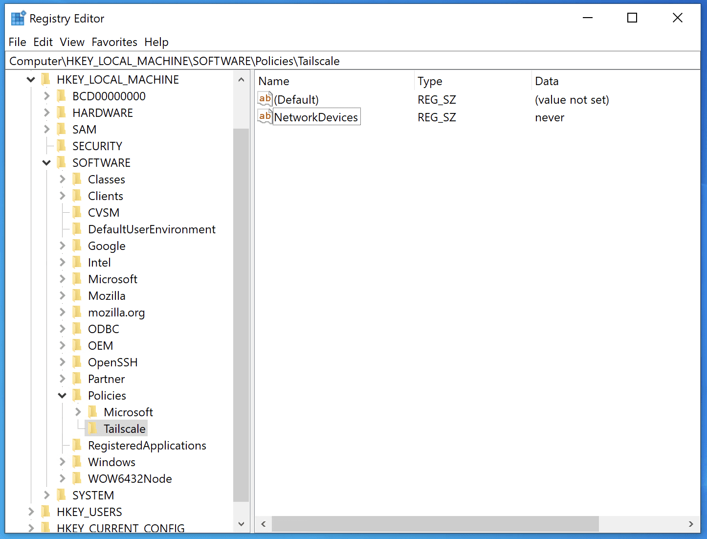 Windows registry key for Tailscale policies.