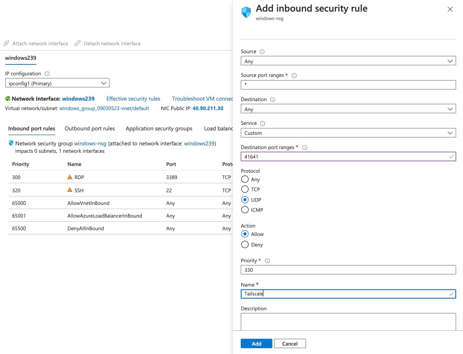 Network Security Group allow port 41641